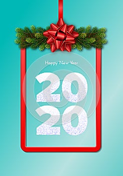 Holiday gift card. Happy New Year 2020. Snow numbers, fir tree branches garland and red frame with tied bow. Celebration decor.