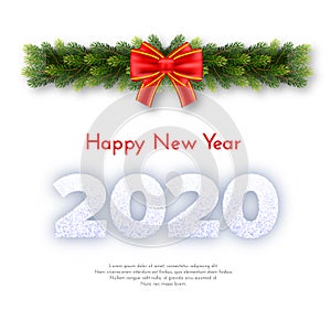 Holiday gift card. Happy New Year 2020. Snow numbers, fir tree branches garland and red tied bow on white background. Vector