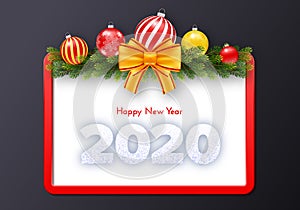 Holiday gift card. Happy New Year 2020. Snow numbers, fir tree branches, red frame, Christmas balls and golden tied bow on dark