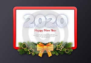 Holiday gift card. Happy New Year 2020. Snow numbers, fir tree branches, red frame and golden tied bow on dark background. Vector