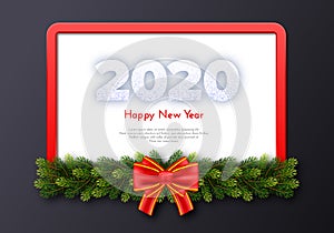 Holiday gift card. Happy New Year 2020. Snow numbers, fir tree branches, red frame and red tied bow on dark background. Vector