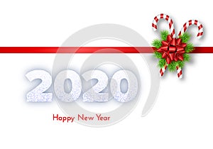 Holiday gift card. Happy New Year 2020. Snow numbers, fir tree branches, tied bow and candy canes on red ribbon. Isolated on white