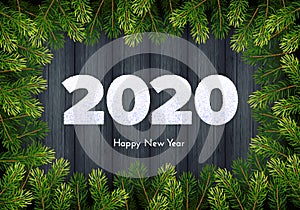 Holiday gift card. Happy New Year 2020. Snow numbers, fir tree branches on wood background. Celebrate concept. Vector template
