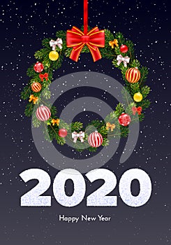 Holiday gift card. Happy New Year 2020. Snow numbers, fir tree wreath, Christmas balls and red tied bow on dark background.