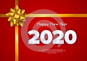 Holiday gift card. Happy New Year 2020. Snow numbers and golden tied bow on red background. Celebration decor. Vector