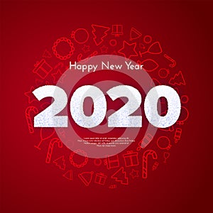 Holiday gift card. Happy New Year 2020. Snow numbers in icons circle frame on red background. Celebration decor. Vector