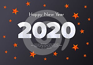 Holiday gift card. Happy New Year 2020. Snow numbers and red stars on dark background. Celebration decor. Vector