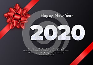 Holiday gift card. Happy New Year 2020. Snow numbers and red tied bow on dark background. Celebration decor. Vector