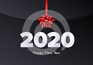 Holiday gift card. Happy New Year 2020. Snow numbers and red tied bow on dark envelope background. Celebration decor. Vector