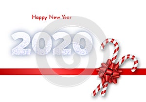 Holiday gift card. Happy New Year 2020. Snow numbers, tied bow and candy canes on red ribbon. Isolated on white. Traditional decor
