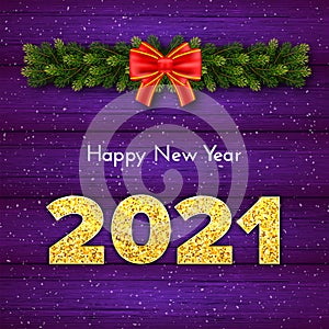 Holiday gift card Happy New Year with fir tree branches garland, red bow and snow. Golden numbers 2021 with shadow on