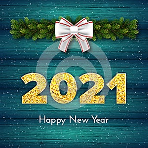 Holiday gift card Happy New Year with fir tree branches garland, white bow and snow. Golden numbers 2021 with shadow on