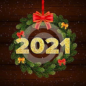 Holiday gift card Happy New Year with fir tree branches wreath. Golden numbers 2021 with shadow on wood background