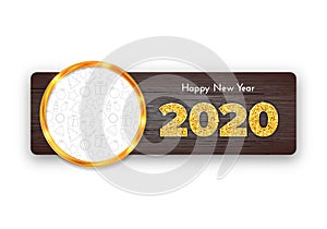 Holiday gift card Happy New Year. Golden numbers 2020, circle frame with Christmas icons on dark wood background. Celebration