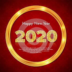 Holiday gift card Happy New Year. Golden numbers 2020 in circle frame on red pattern background with snowflakes. Celebration decor
