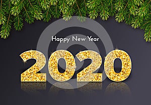 Holiday gift card Happy New Year. Golden numbers 2020, fir tree branches on dark background. Vector