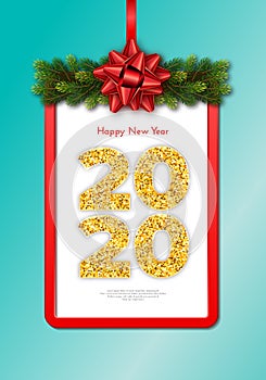 Holiday gift card Happy New Year. Golden numbers 2020, fir tree branches garland and red frame with tied bow. Celebration decor.
