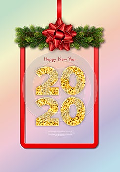 Holiday gift card Happy New Year. Golden numbers 2020, fir tree branches garland and red frame with tied bow. Celebration decor.