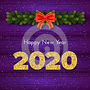 Holiday gift card Happy New Year. Golden numbers 2020, fir tree branches garland and red tied bow on wood background. Celebration