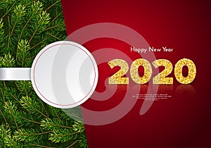 Holiday gift card Happy New Year. Golden numbers 2020, fir tree branches garland, white paper sticker with a copy space.