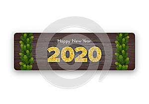 Holiday gift card Happy New Year. Golden numbers 2020 and fir tree branches garlands on wood background. Celebration decor. Vector