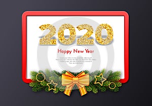 Holiday gift card Happy New Year. Golden numbers 2020, fir tree branches, red frame and tied bow on dark background. Vector