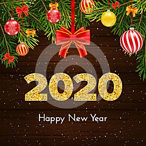 Holiday gift card Happy New Year. Golden numbers 2020, fir tree branches and red tied bow on wood background. Celebration decor.