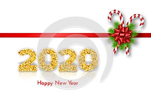 Holiday gift card Happy New Year. Golden numbers 2020, fir tree branches, tied bow and candy canes on red ribbon. Isolated on