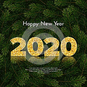 Holiday gift card Happy New Year. Golden numbers 2020 on fir tree wreath background. Celebration decor. Vector