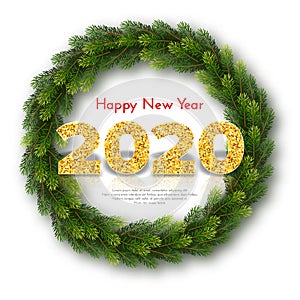 Holiday gift card Happy New Year. Golden numbers 2020 and fir tree wreath on white background. Traditional celebration decor.