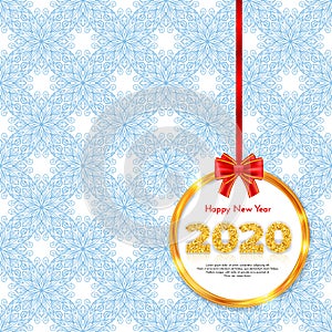 Holiday gift card Happy New Year. Golden numbers 2020, frame and red tied bow on snowy pattern background. Celebration decor.