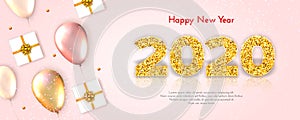 Holiday gift card Happy New Year. Golden numbers 2020, gift box and realistic glossy flying balloons. Celebration decor. Vector