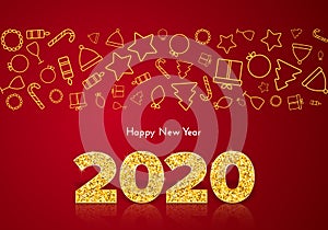 Holiday gift card Happy New Year. Golden numbers 2020 and icons border on red background. Celebration decor. Vector