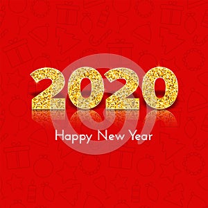 Holiday gift card Happy New Year. Golden numbers 2020 on red icons background. Celebration decor. Vector