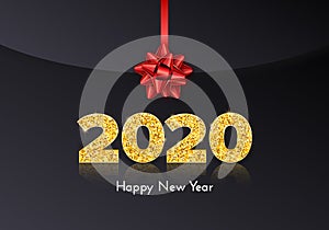 Holiday gift card Happy New Year. Golden numbers 2020 and red tied bow on dark envelope background. Celebration decor. Vector