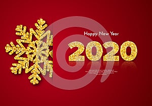 Holiday gift card Happy New Year. Golden numbers 2020 and snowflake on red background. Celebration decor. Vector