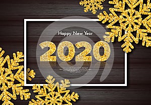 Holiday gift card Happy New Year. Golden numbers 2020 and snowflakes on wood background. Celebration decor. Vector