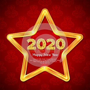 Holiday gift card Happy New Year. Golden numbers 2020 in star frame on red pattern background. Celebration decor. Vector