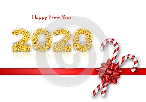 Holiday gift card Happy New Year. Golden numbers 2020, tied bow and candy canes on red ribbon. Isolated on white. Traditional