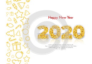Holiday gift card Happy New Year. Golden numbers 2020 and yellow icons border on white background. Celebration decor. Vector