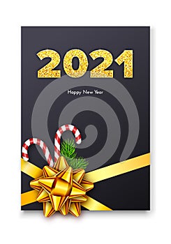 Holiday gift card Happy New Year with golden numbers 2021, bow, fir tree branches and candy canes. Celebration decor
