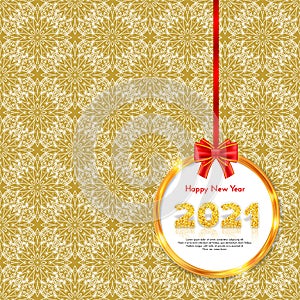 Holiday gift card Happy New Year. Golden numbers 2021 with reflection and shadow in gold shiny frame. Celebration decor