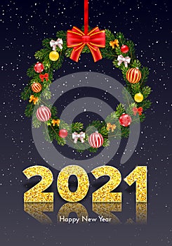 Holiday gift card Happy New Year. Golden numbers 2021 with reflection and shadow. Wreath of fir tree branches with