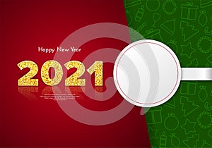 Holiday gift card Happy New Year with white round sticker and traditional Christmas icons patterns on background. Golden