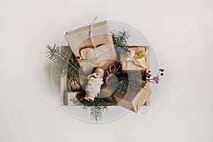 Holiday Gift Ideas. Sustainable Christmas, zero waste gifts, natural xmas decorations. Wrapping Christmas gifts in