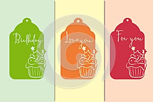 Holiday Gift Tags with Cutout Cupcake Silhouette and Stars for Birthday Parties