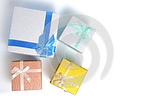 Holiday gifts in gift boxes white background