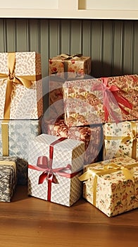 Holiday gifts and presents, country cottage style wrapped gift boxes for boxing day, Christmas, Valentines day and