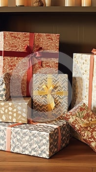 Holiday gifts and presents, country cottage style wrapped gift boxes for boxing day, Christmas, Valentines day and