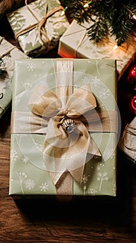 Holiday gifts and presents, country cottage style wrapped gift boxes for boxing day, Christmas, Valentines day and